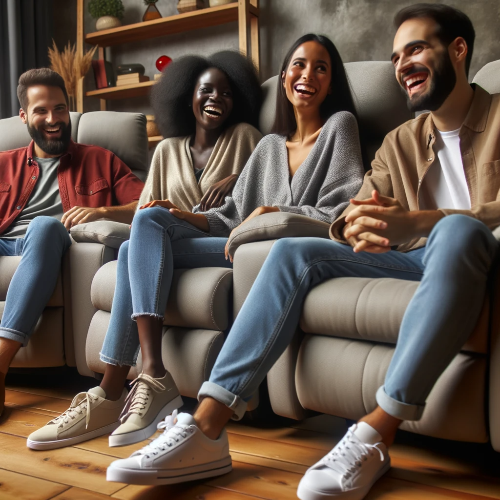 Photo of a diverse group of friends including a woman of african descent and a man of hispanic descent laughing and chatting while seated on wall hu 1