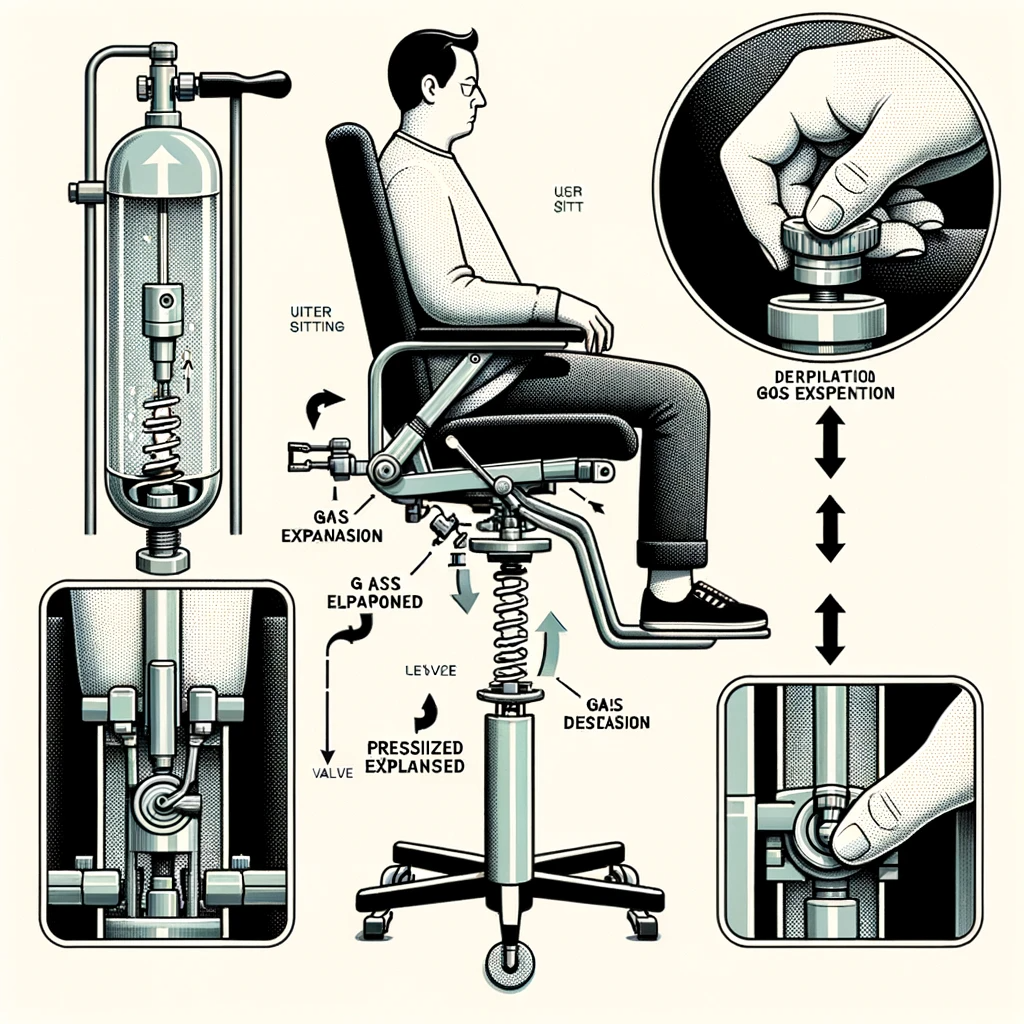 visual representation of gas lift chair adjustment stages. from left to right 1) user sitting, hand on the lever beneath the seat. 2) zoomed in illus