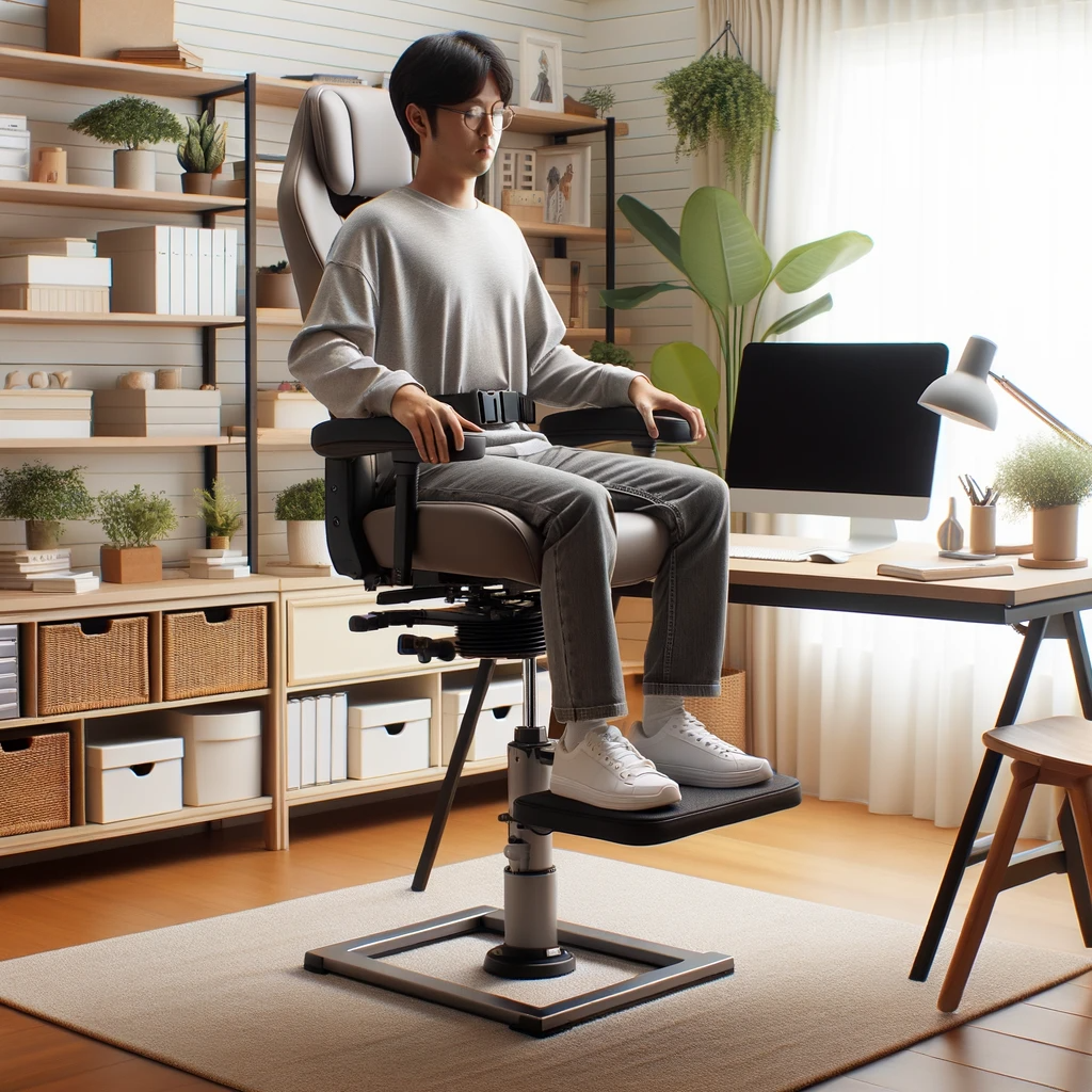 photo of a person demonstrating the height adjustment feature of a gas lift chair in a home office environment