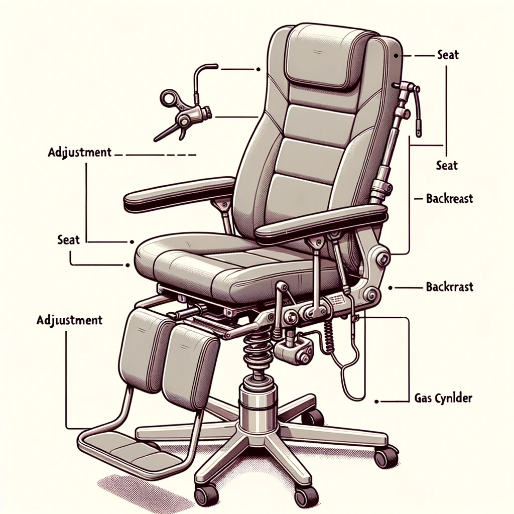  illustration of a gas lift chair with annotations pointing to its key components, such as the adjustment lever, seat, backrest, and gas cylinder