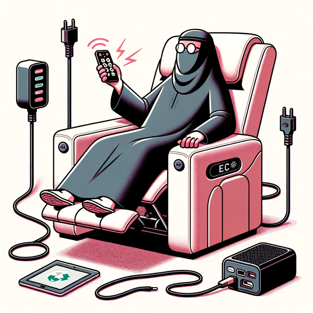 Illustration of a person of Middle Eastern descent comfortably adjusting the position of an electric power wall hugger recliner using a remote. Surrounding the recliner are charging cables and gadgets, symbolizing its modern conveniences.