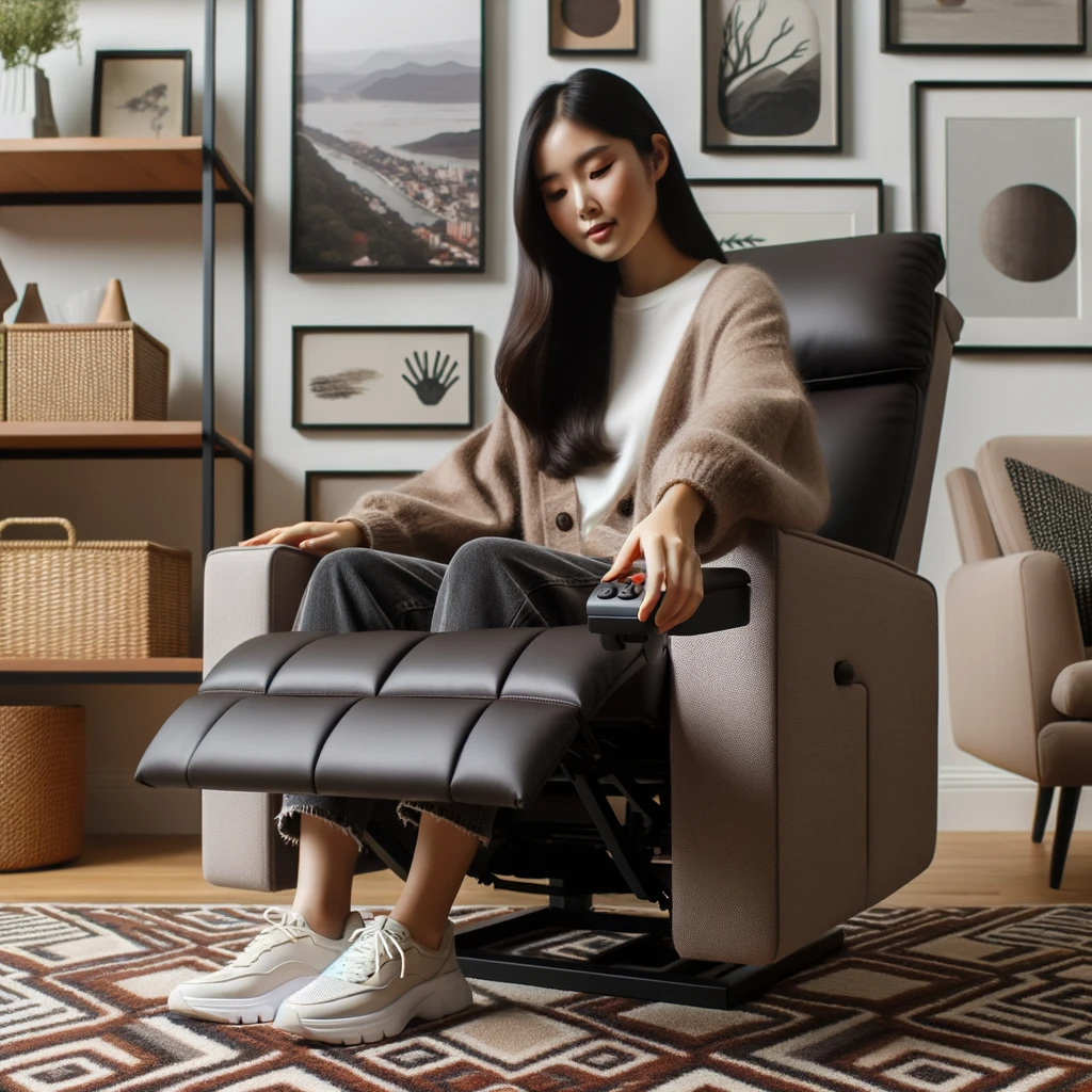 Photo of a young woman of East Asian descent sitting on a manual wall hugger recliner, reaching for the lever to adjust her seating position. 