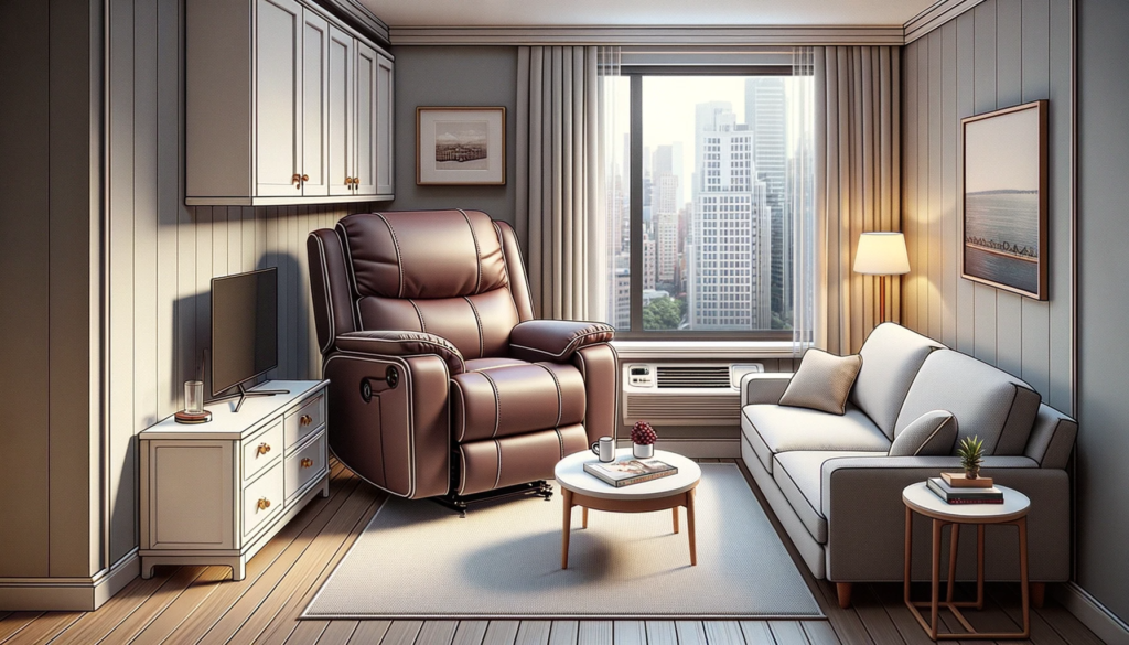  illustration of the recpro charles 28 rv euro chair recliner in a small apartment setting. the chair is positioned next to a petite coffee table and