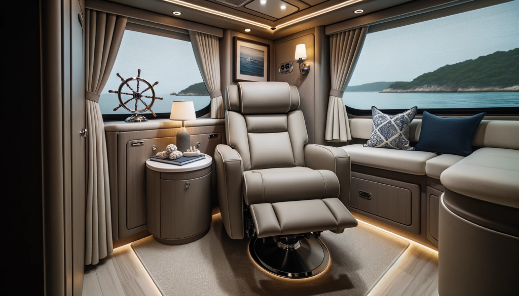 photo of the recpro “30 swivel glider rv recliner set in a tight corner aboard a modern yacht. adjacent to the chair is a small side table with marin