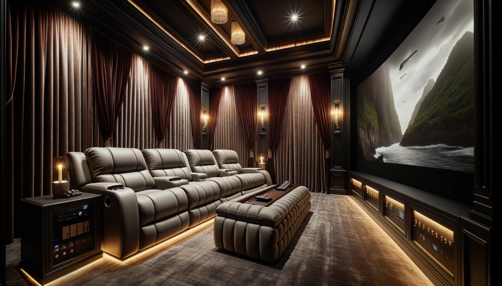  photo of the recpro charles collection 67 double recliner rv sofa & console in a sophisticated home theater space. the room is adorned with velvet dr