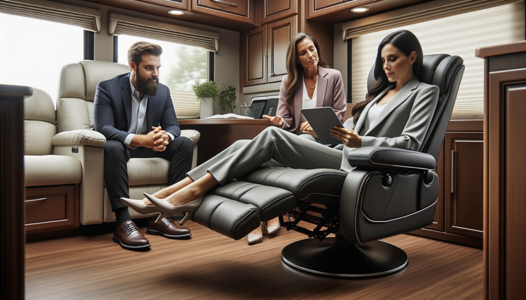  photo of the thomas payne® rv swivel glide recliner situated in a mobile office setting. a diverse male and female professional are seated nearby, eng