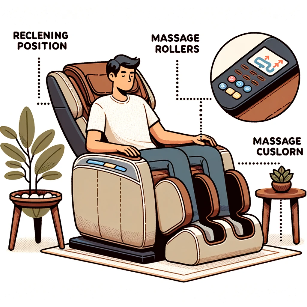 illustration of a living room setting where a massage chair is used as a recliner. a diverse male individual sits in the chair, which is fully recline