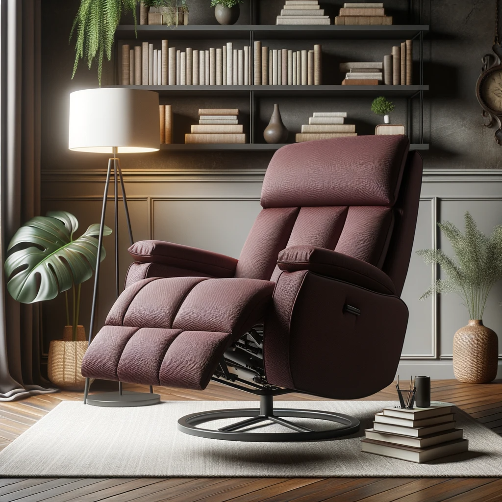  photo of a contemporary zero gravity recliner in rich burgundy fabric, located in a cozy reading nook with a floor lamp and a stack of books nearby