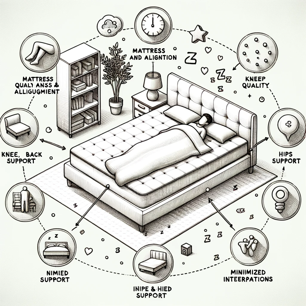 Drawing of a bedroom scene where an individual sleeps soundly on a bed. Surrounding the bed are floating icons and text, indicating the benefits: 'Mattress Quality and Alignment', 'Knee, Back, and Hip Support', and 'Minimized Interruptions'.