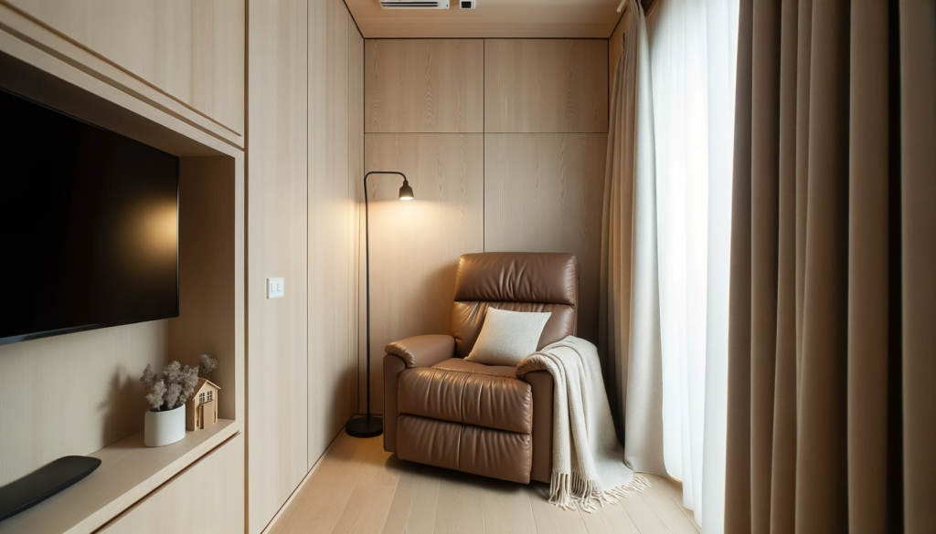 photo of a tiny apartment living area with light wooden walls. the rooms focal point is a modern wall hugger recliner chair in brown leather positio