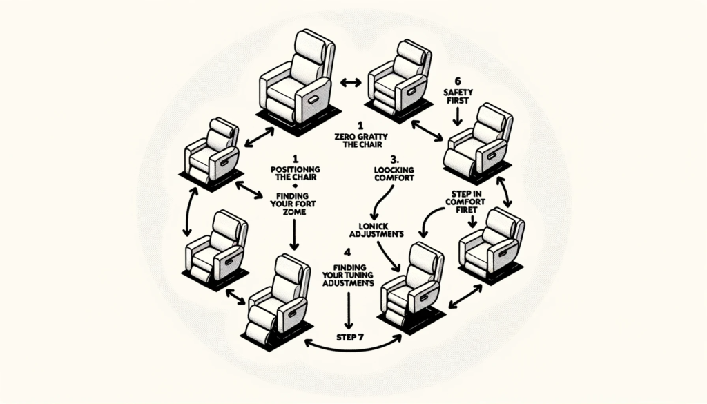  illustration of a flowchart on a white background for zero gravity reclining process. the flowchart starts at the top with 'step 1 positioning the ch