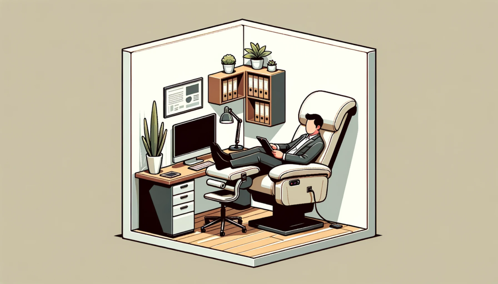 Vector image of a compact office space where traditional chairs might feel cramped. A wall recliner is strategically placed by a workstation, with a professional using it during their break, illustrating its versatility even in unconventional settings.
