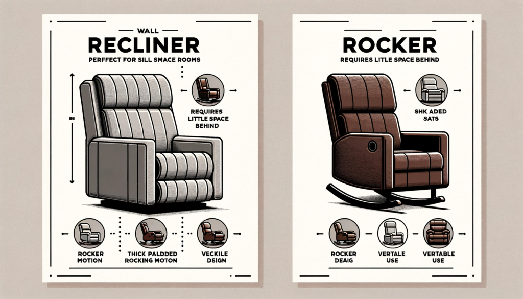 Vector design comparing two types of recliners. on the left, a wall recliner in gray fabric is showcased against a minimalist background. features.