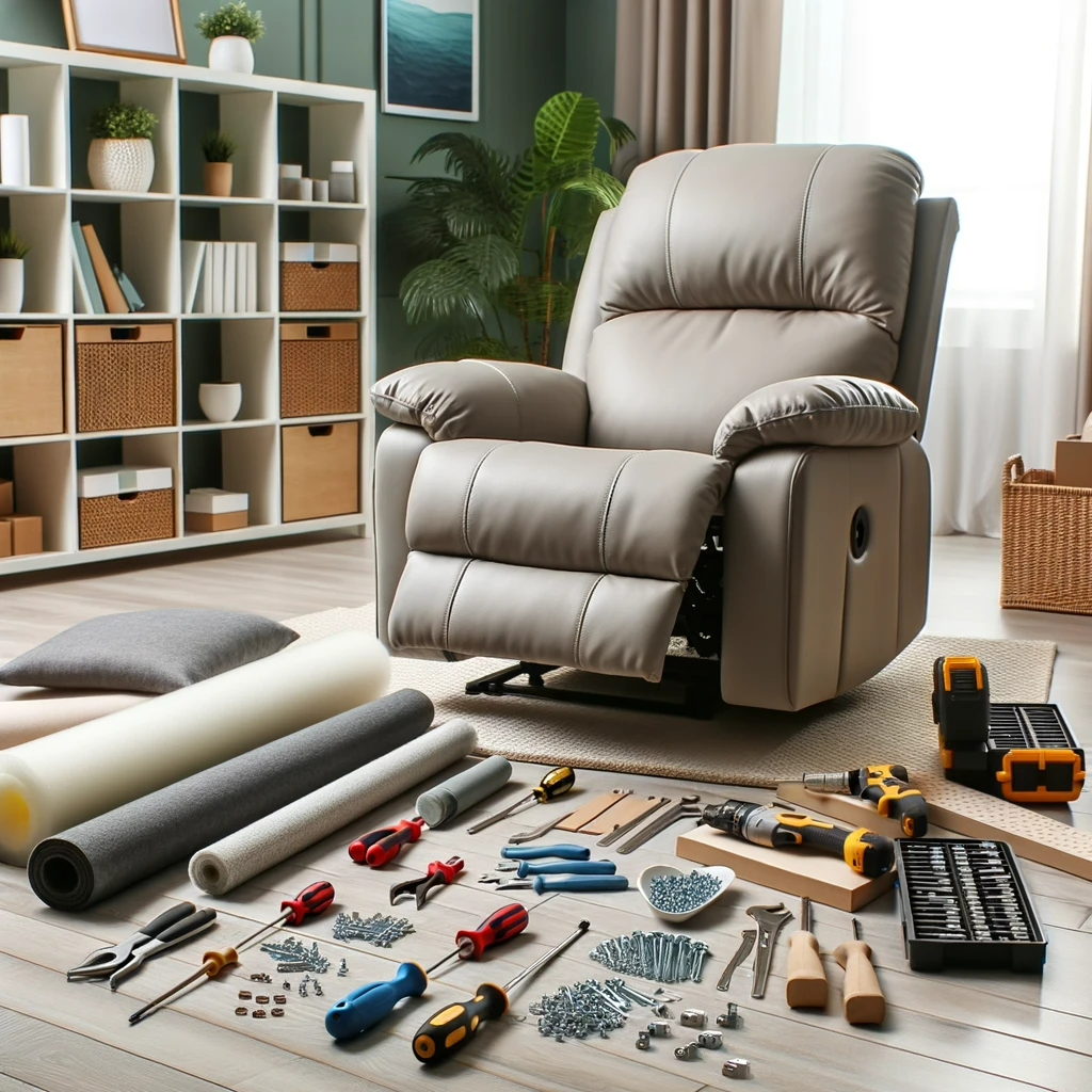 Photo of a well-lit room displaying a comfortable recliner next to its separate base. Spread out in front of them are various tools like screwdrivers and wrenches. Materials such as foam and fabric are visible, as well as a collection of hardware items like screws, nuts, and bolts, all organized and ready to be used for the transformation of the recliner into a rocker.

