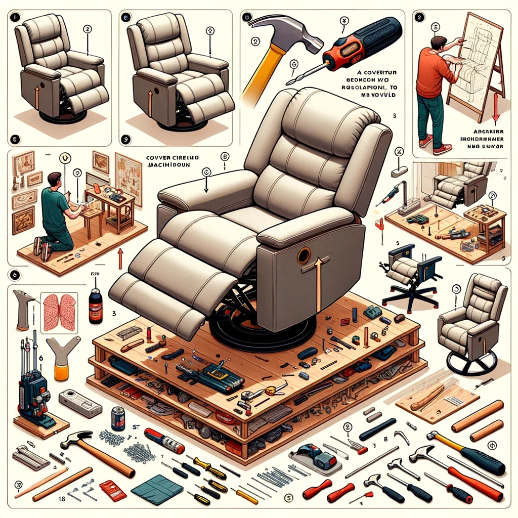  photo of a step by step visual guide on converting a recliner to a swivel one.