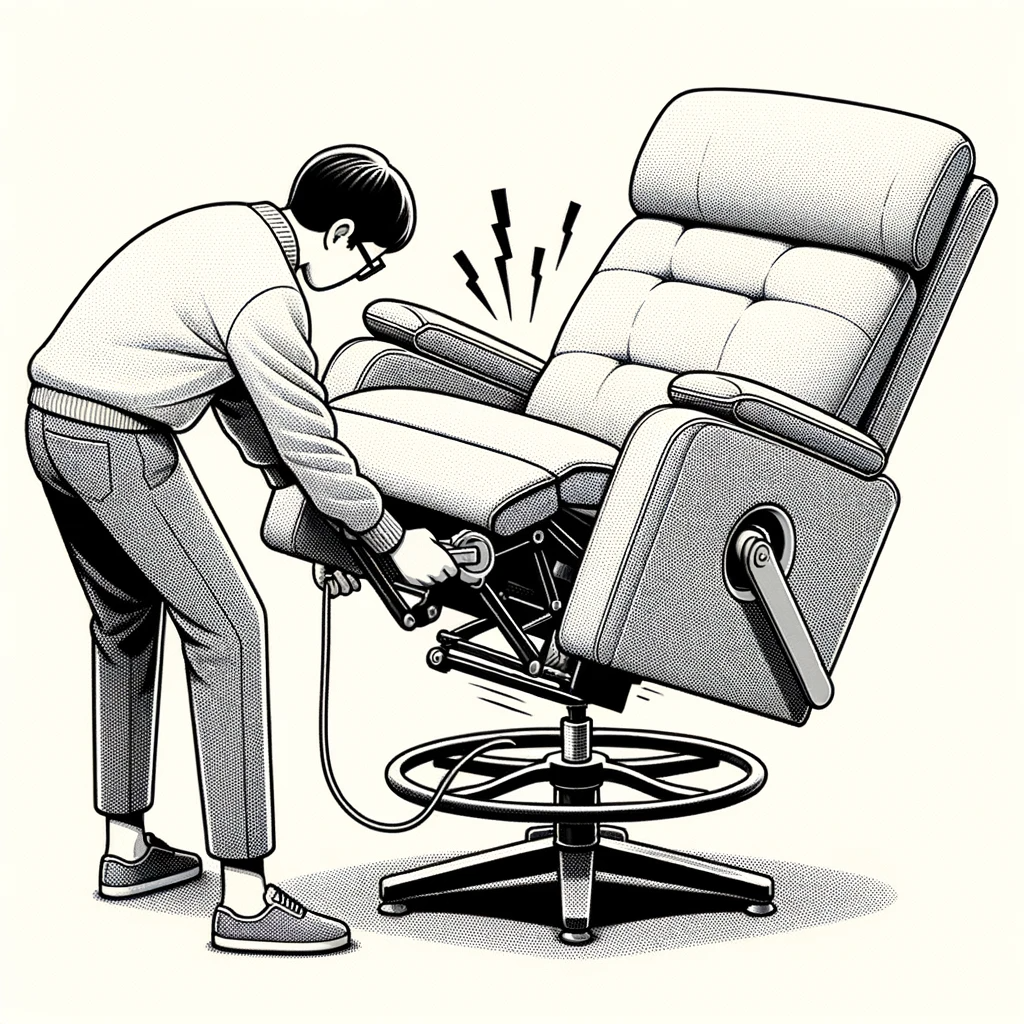 illustration of a swivel recliner being locked by an individual through manual adjustment. the scene depicts the person bending down and manually secu