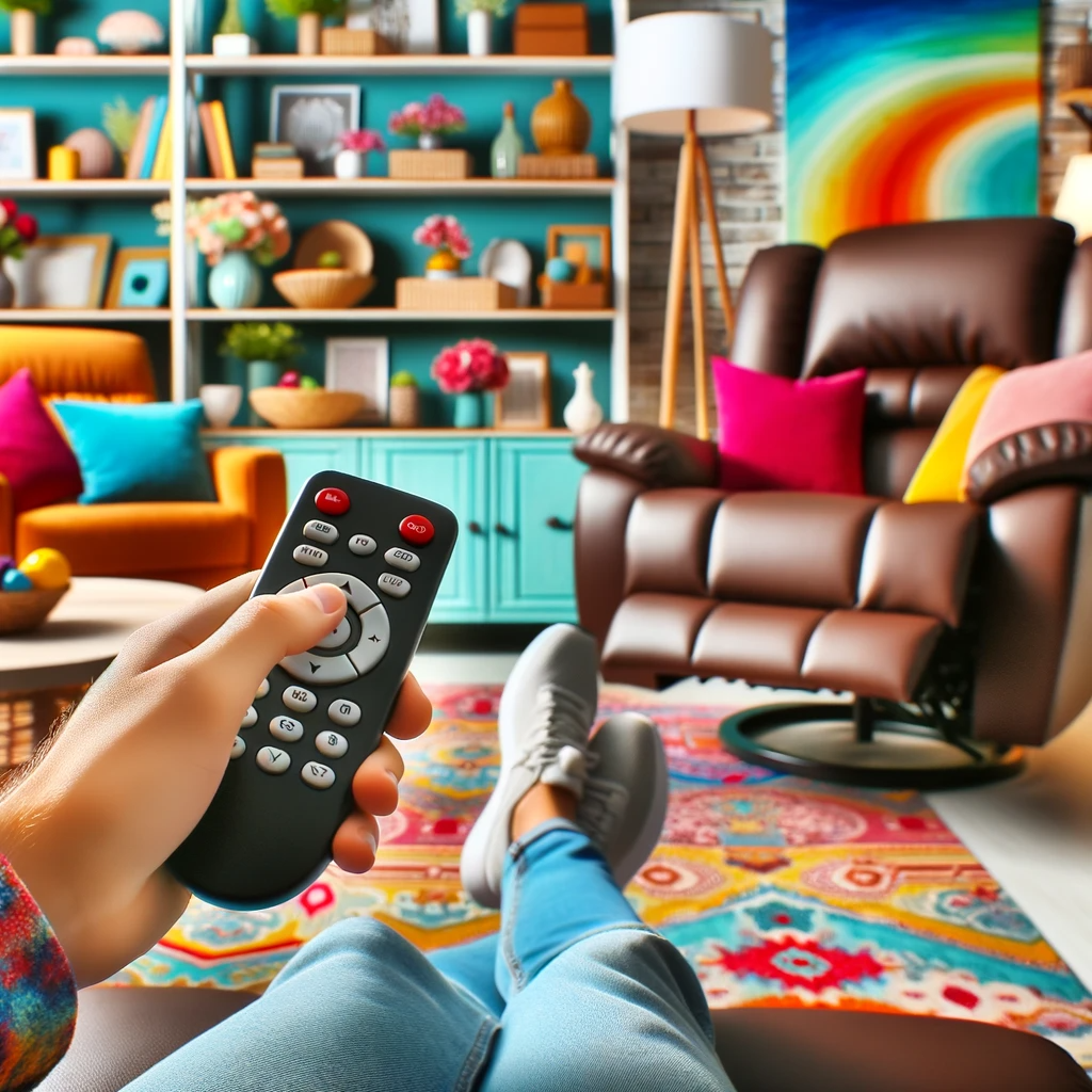 colorful photo of a cozy living room setting where an individual is sitting on a swivel recliner, pressing a button on a remote control to lock the re