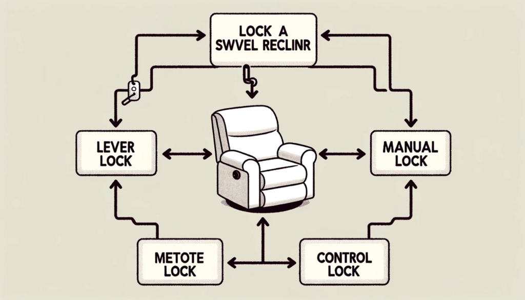 flowchart diagram illustrating the methods to 'lock a swivel recliner'. at the top, a starting point labeled 'begin'. this branches out to three metho