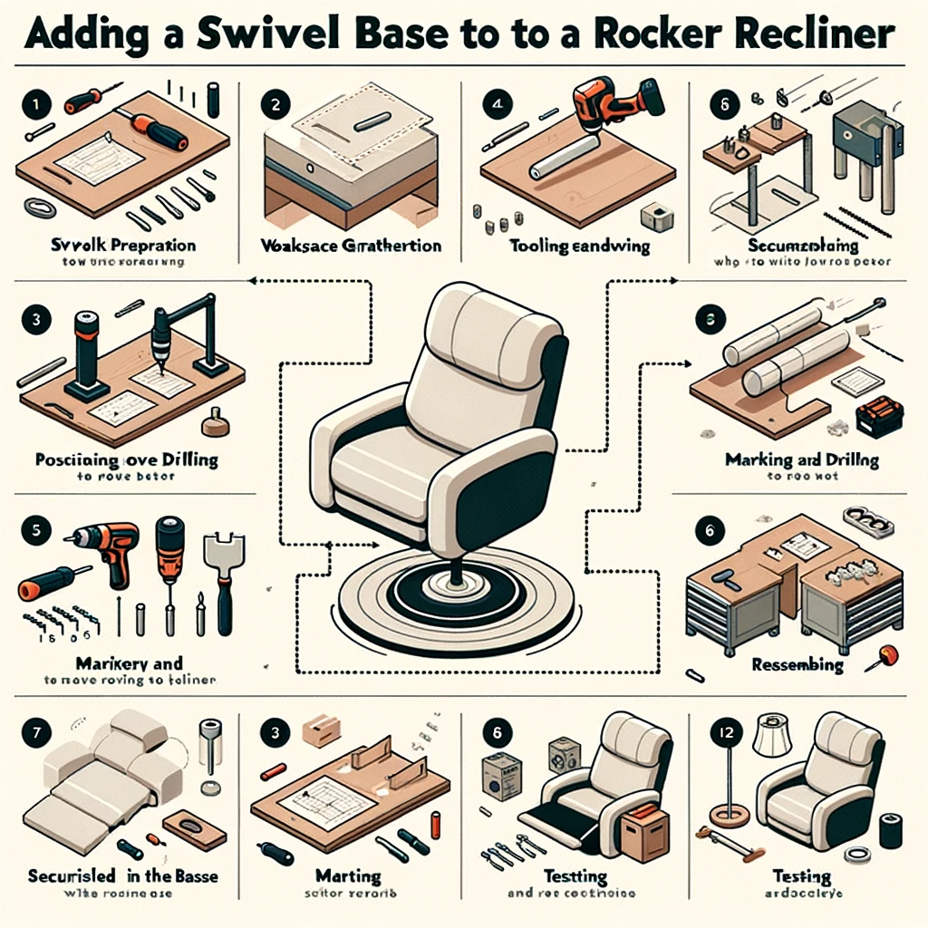 infographic with a labeled flowchart for adding a swivel base to a rocker recliner. each step is represented with a small pictogram and a brief descri
