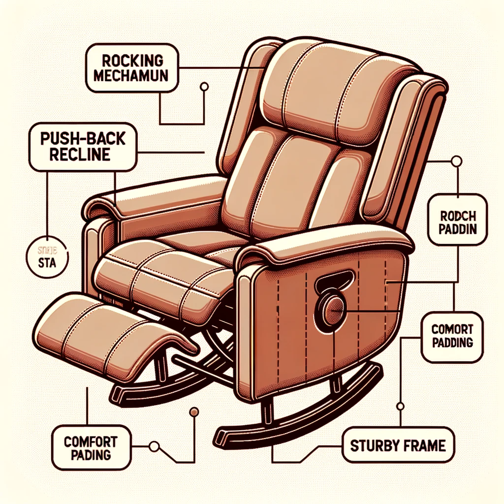 vector image of a glider recliner with highlighted parts, and labels indicating 'rocking mechanism', 'push back recline', 'comfort padding', and 'stur
