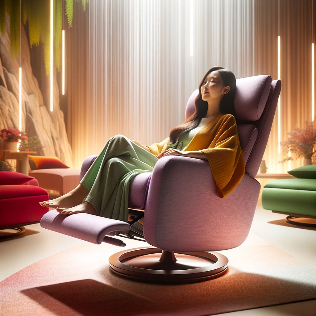 photo of a vibrant glider recliner in mid rock, with an asian female individual sitting and enjoying the gentle motion, surrounded by soft lighting
