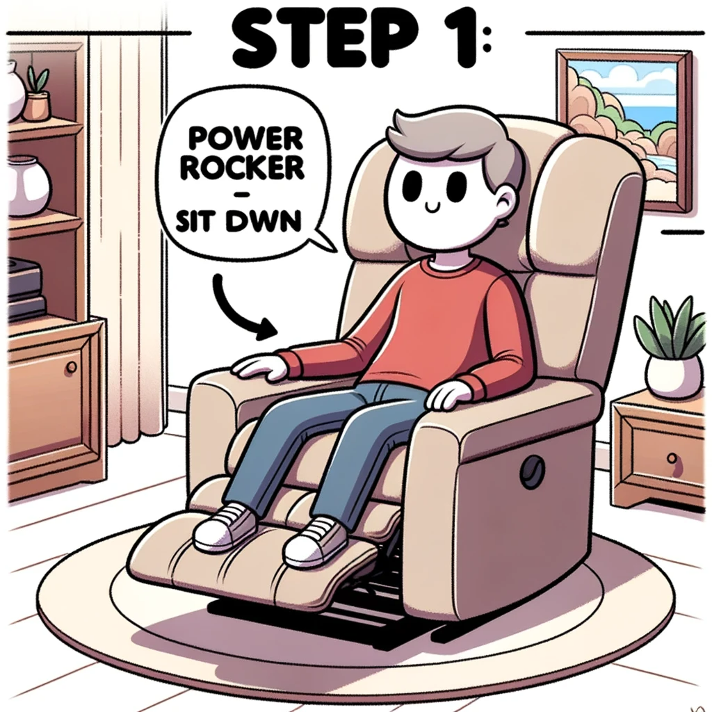 A person is sit in a power rocker recliner. He is aligning himselves to sit right in the center. 