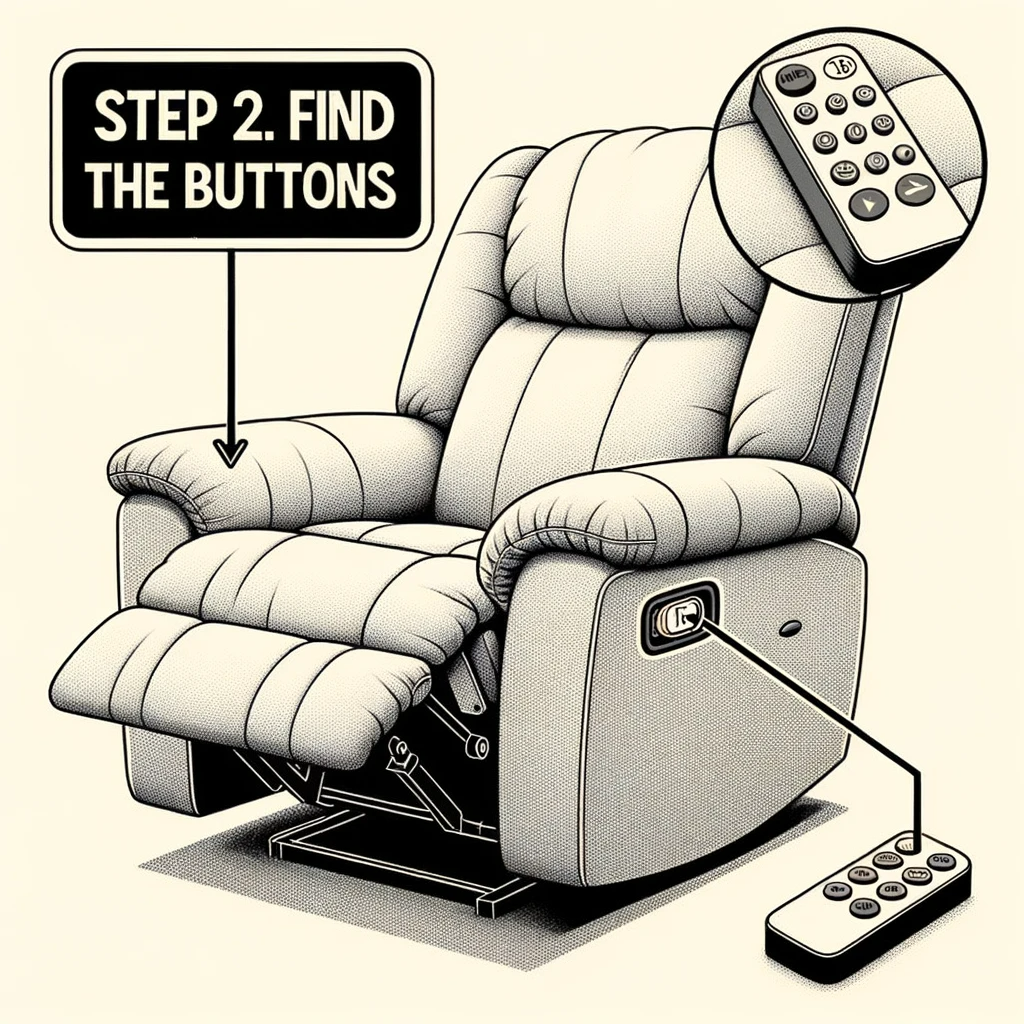 Photo of a power rocker recliner with a highlighted area showing the buttons on the side of the recliner and a label pointing to it.