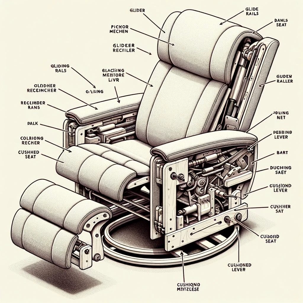 photo diagram of a glider recliner, showcasing its various components. the main body of the recliner is sectioned to reveal the inner mechanisms. 