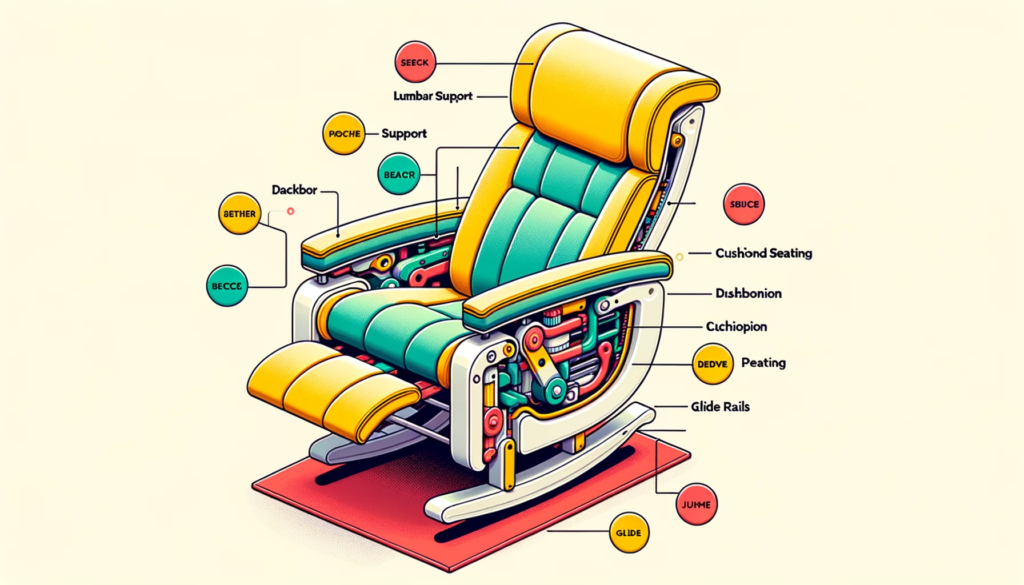 illustration of a cross sectional view of a glider recliner, revealing its ergonomic internal mechanisms. brightly colored labels pinpoint the ergonom
