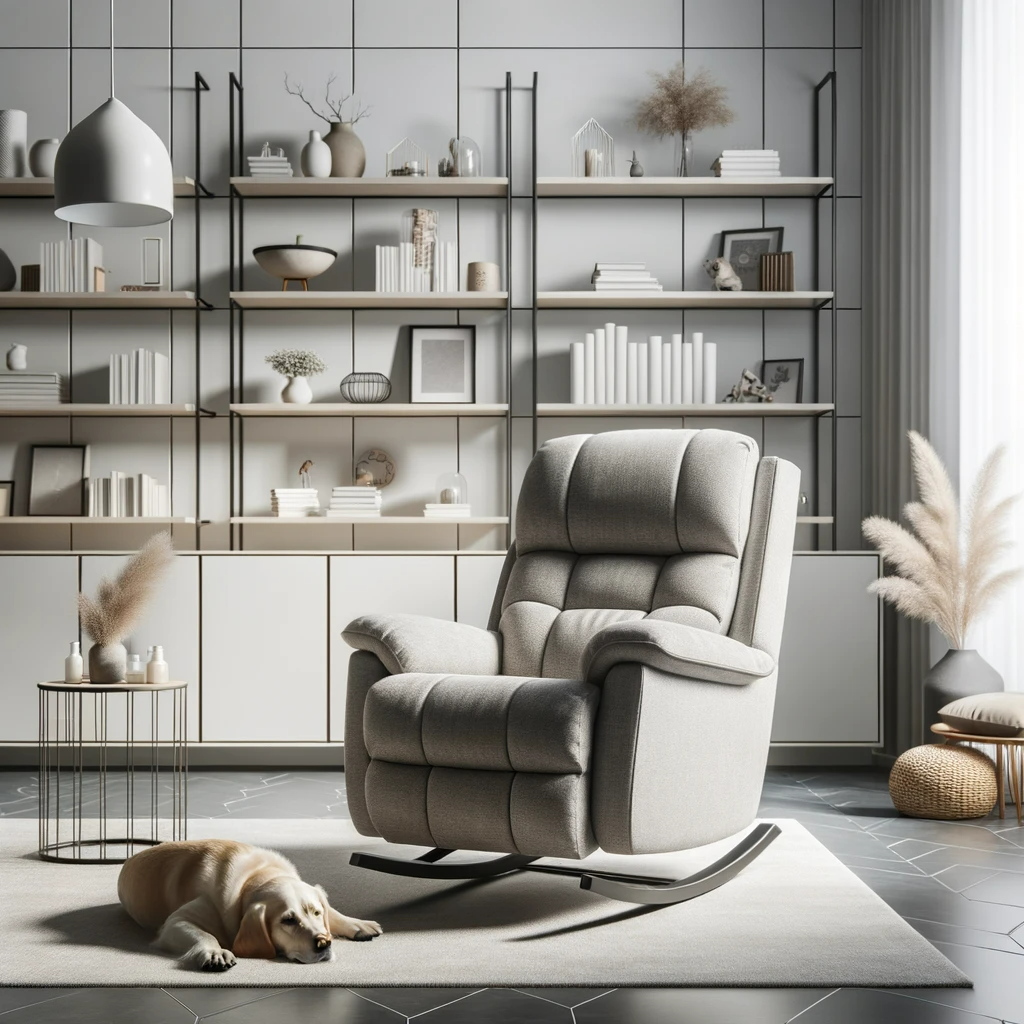 Photo of a plush rocking recliner in a contemporary room with white walls. The room features a sleek shelving unit filled with books and decor items. A pendant light hangs from the ceiling, casting a soft glow over the recliner. A small dog lounges on the floor near the chair.