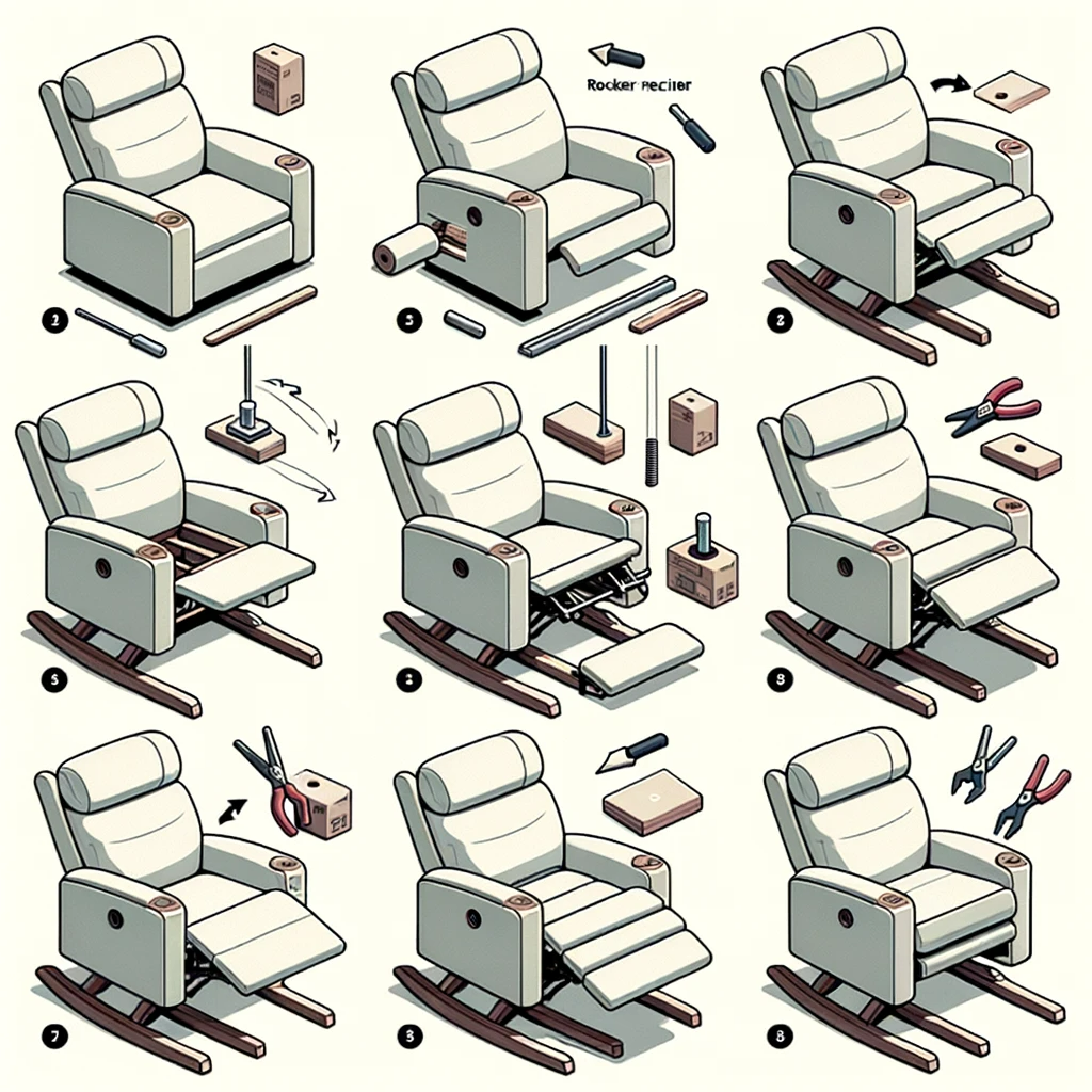 Illustration of a step-by-step guide on how to turn a simple recliner into a rocker recliner. Each step is represented with a clear image and brief labels. The stages show the disassembly of the recliner's base, the fitting of the rocking mechanism, and the final assembled rocker recliner.