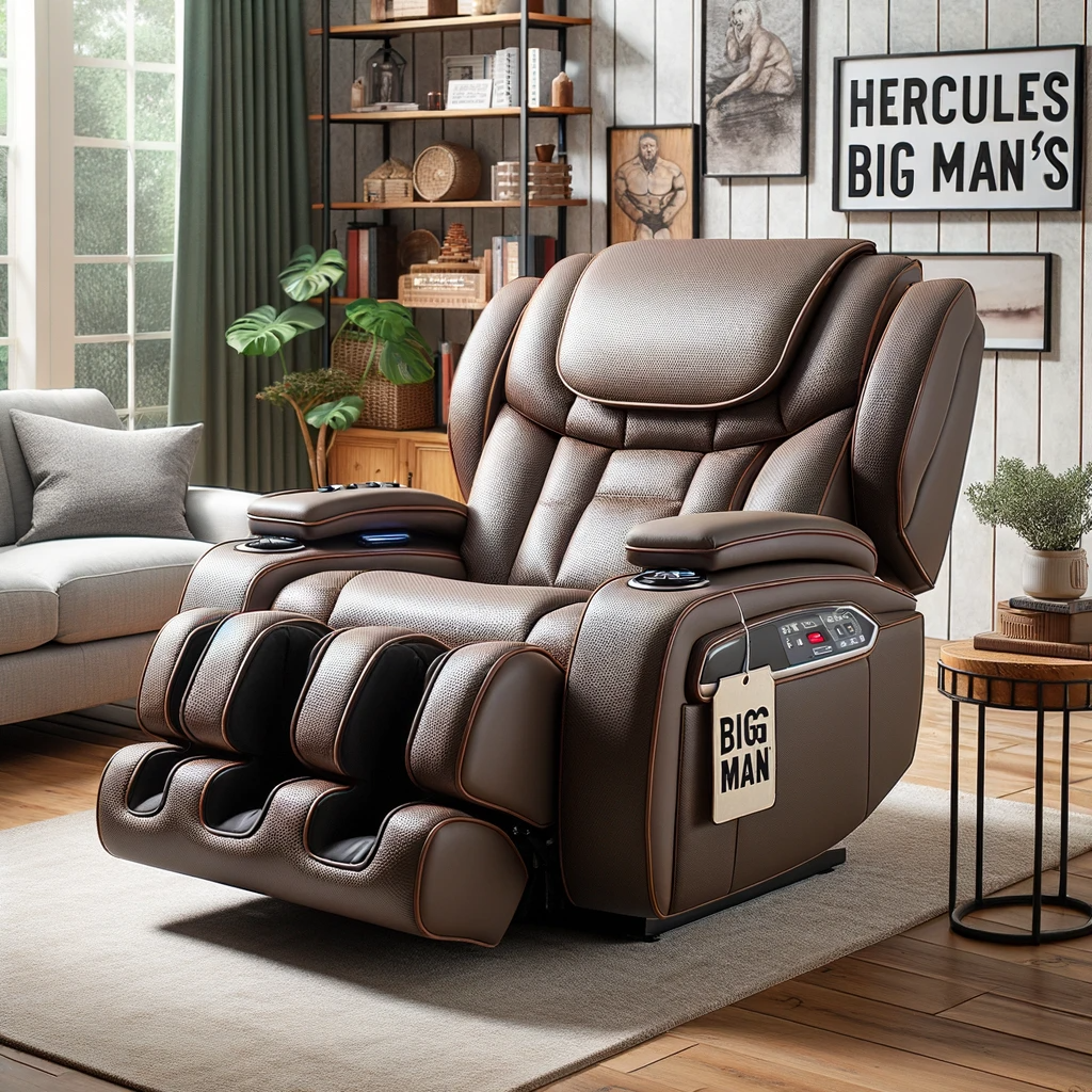  photo of a spacious massage recliner set in a living room. the recliner has a 'hercules big man’s' tag attached, and is designed for maximum comfort w