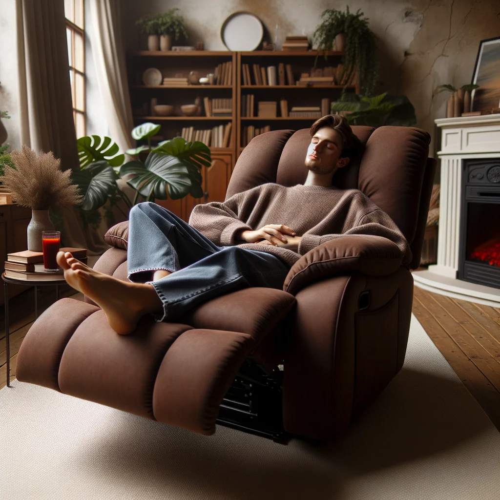 photo of a boothway auburn oversized recliner situated in a cozy room. a person with medium toned skin and short hair is comfortably relaxing on the r