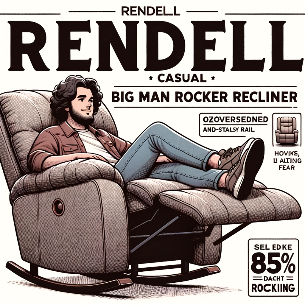 illustration of a rendell casual oversized big man rocker recliner with a stylish design. a person with medium toned skin and curly hair is lounging o
