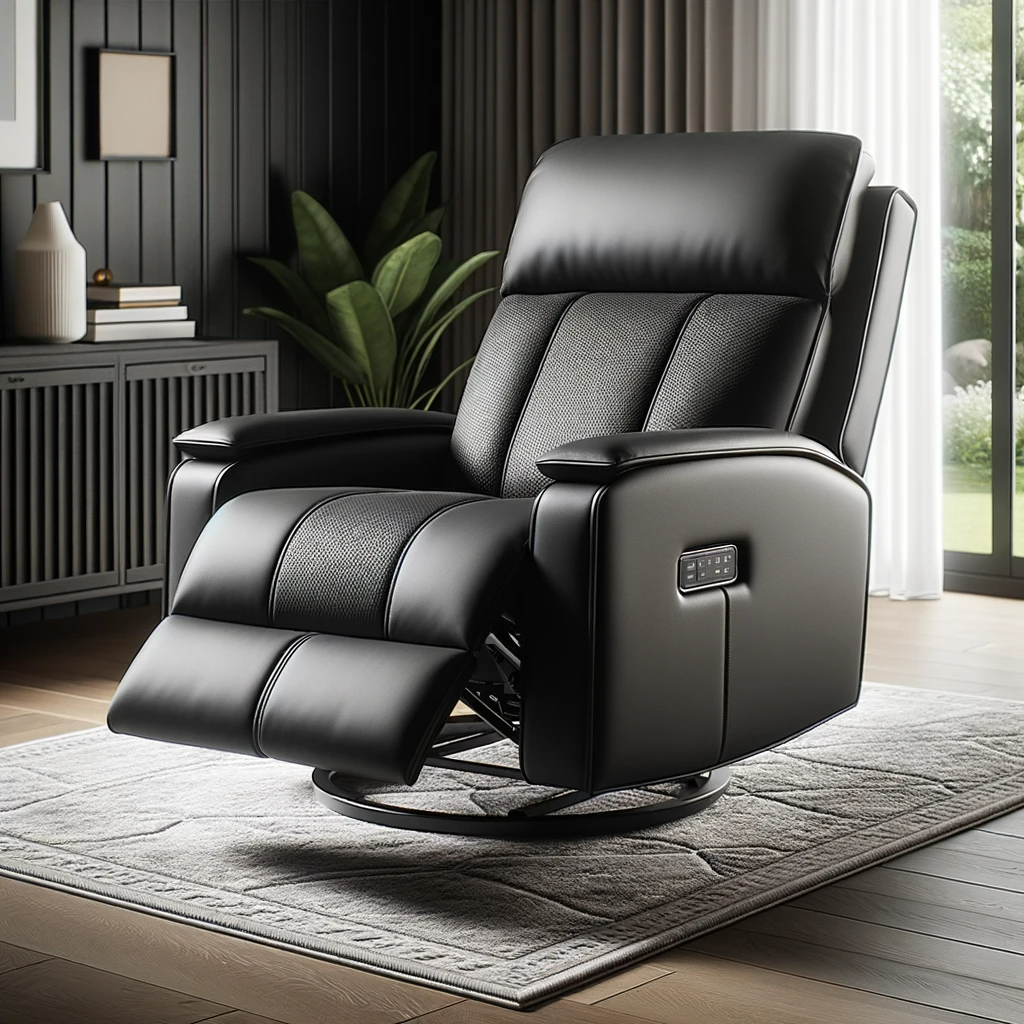 Photo of a modern power rocker recliner with sleek black upholstery. It is placed on a hardwood floor with a contemporary area rug beneath. The chair's electronic controls are subtly integrated on its side.