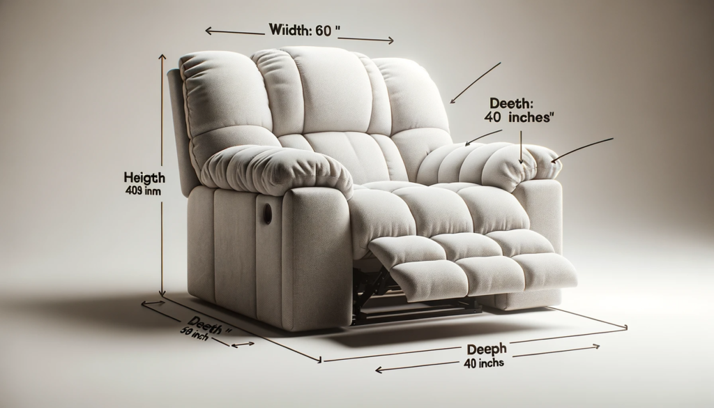 render of a plush, oversized recliner in a neutral setting. floating arrows point to different parts of the chair with accompanying measurements 'wid