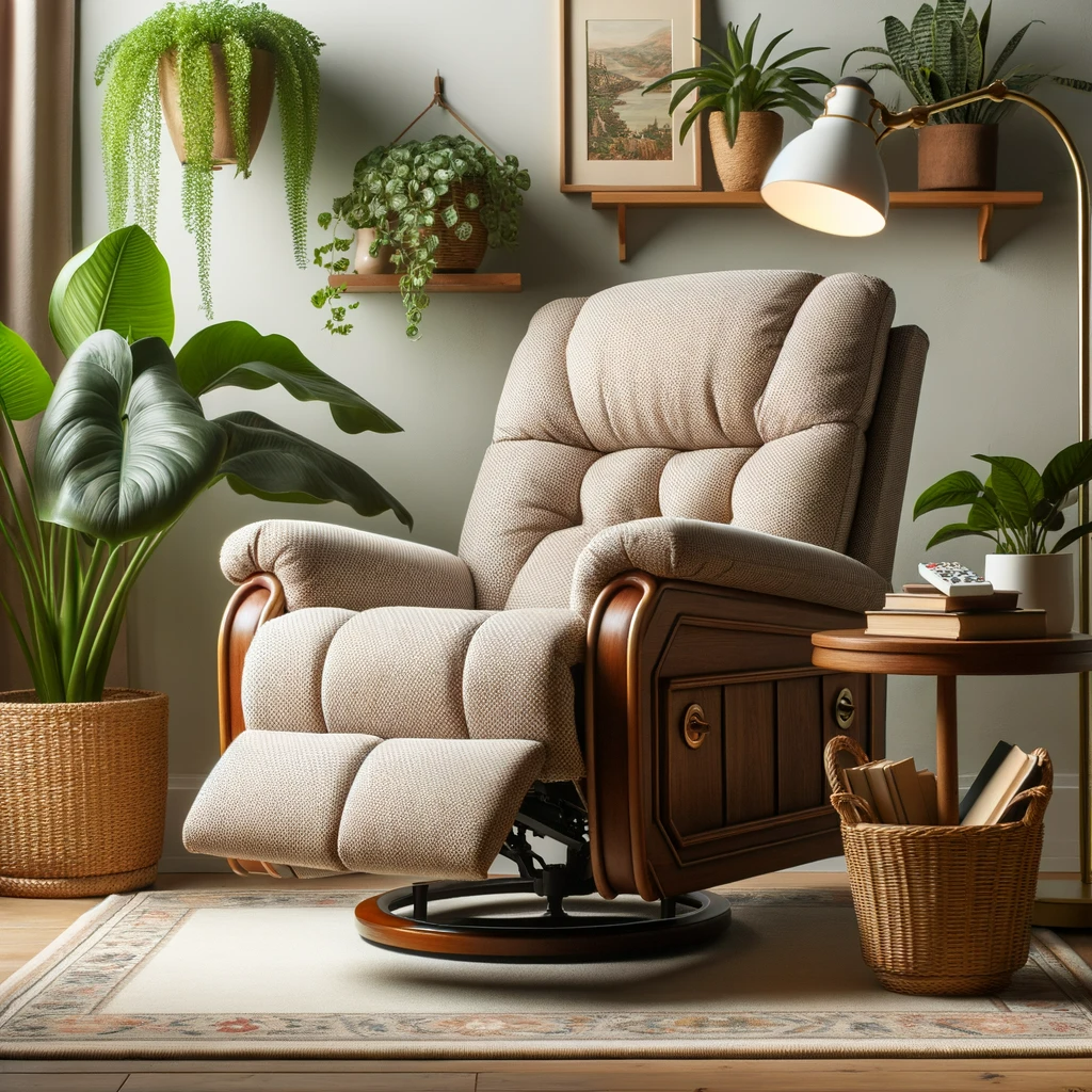 Photo of a vintage-style wall hugger recliner with wooden accents and fabric upholstery, surrounded by houseplants and a reading lamp.