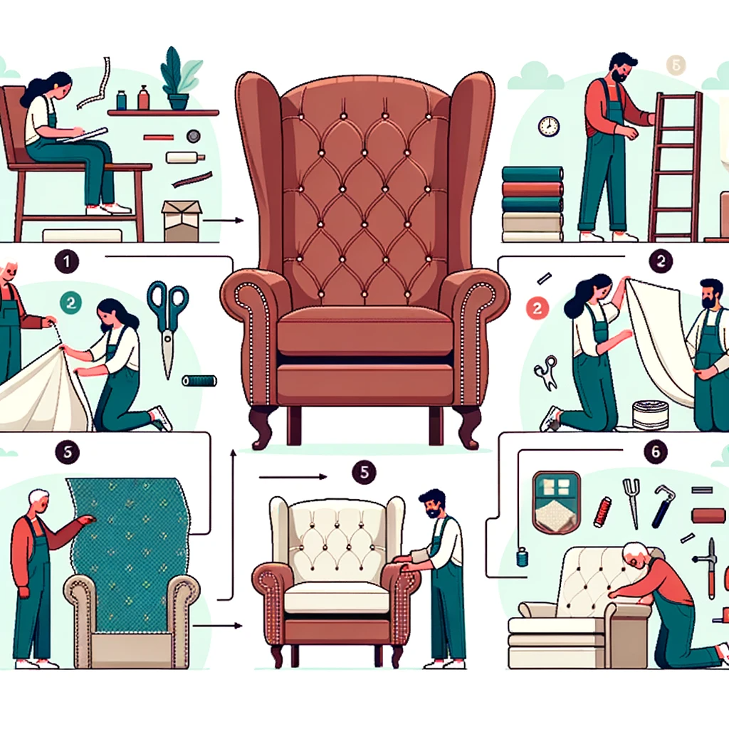  vector graphic showing a timeline of reupholstering a wingback recliner. beginning with the old chair, steps flow from left to right 1) a diverse tea
