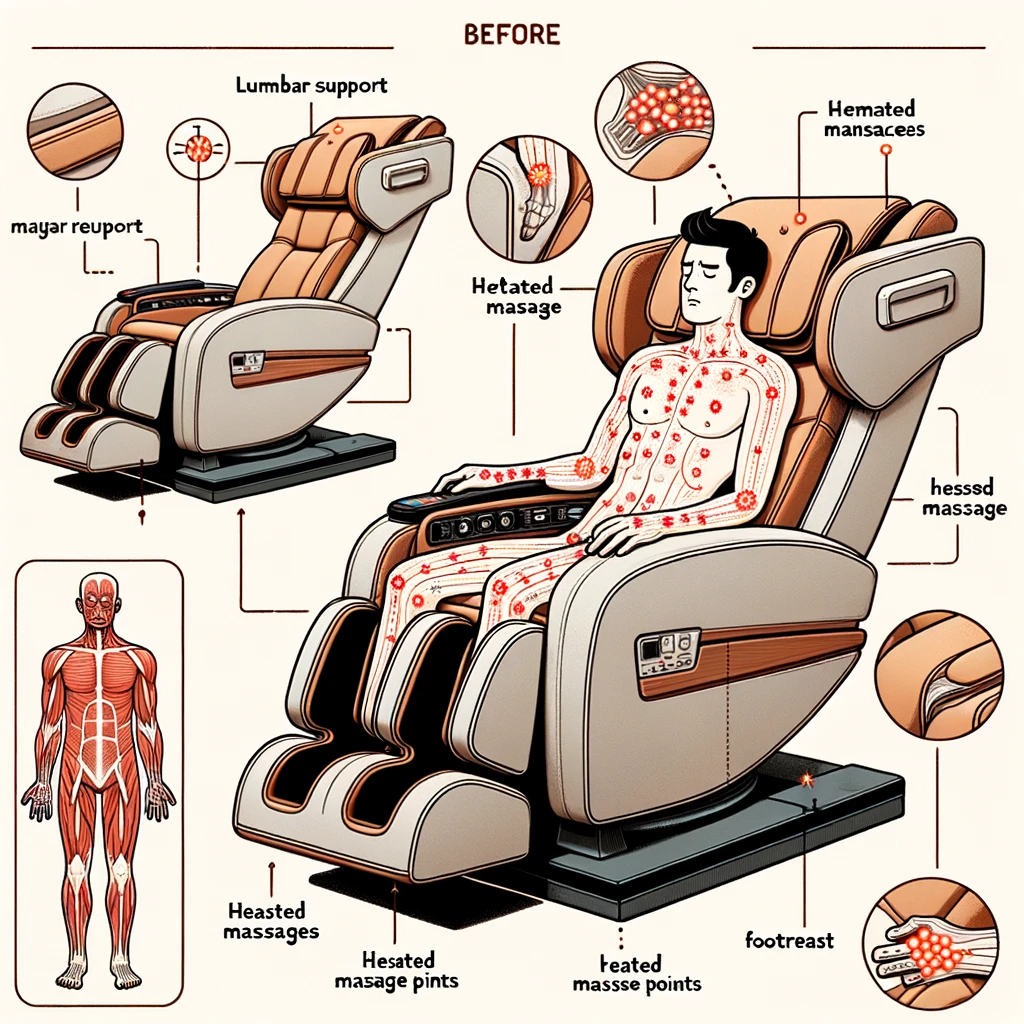 Diagram of a zero-gravity massage recliner with annotations. The chair is depicted in a reclined position with an individual comfortably resting. Key features like lumbar support, heated massage points, and elevated footrest are labeled. A before-and-after visual shows a stressed individual with tense muscles on the left and a relaxed individual with eased muscles on the right, showcasing the transformative effect of the recliner.