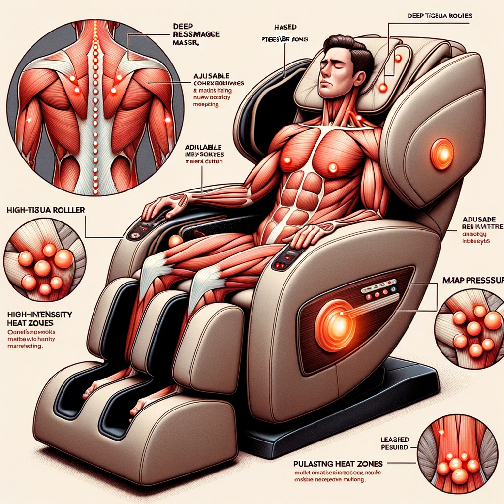 diagram of a deep tissue massage recliner with informative annotations. the chair is presented in its operational position with an individual enjoying