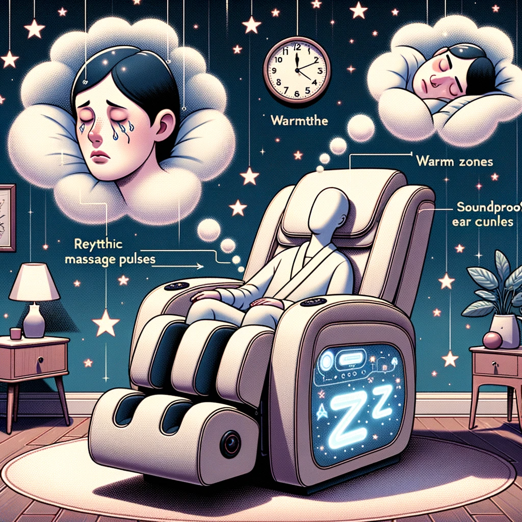 vector depiction of a plush bedtime massage recliner in a dreamy room environment with starry wallpaper. adjacent, two human figures are portrayed th