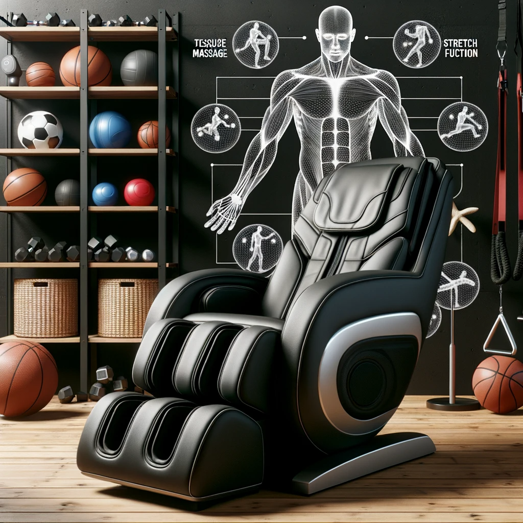 photo of a sleek sports massage recliner situated in a fitness themed room with sports equipment decor. an overlay diagram pinpoints the chair's recov