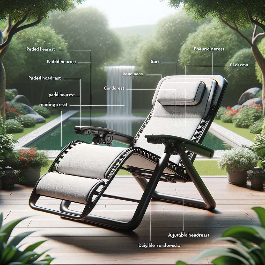photo diagram showcasing an outdoor zero gravity chair with labeled parts. the chair is in a reclined position, surrounded by a serene garden backdrop