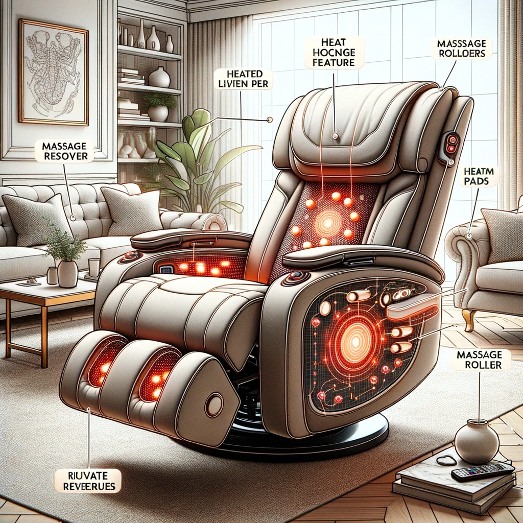 photo diagram of a zero gravity recliner with heat and massage features. the chair is in a luxurious living room setting. annotations point to the bui