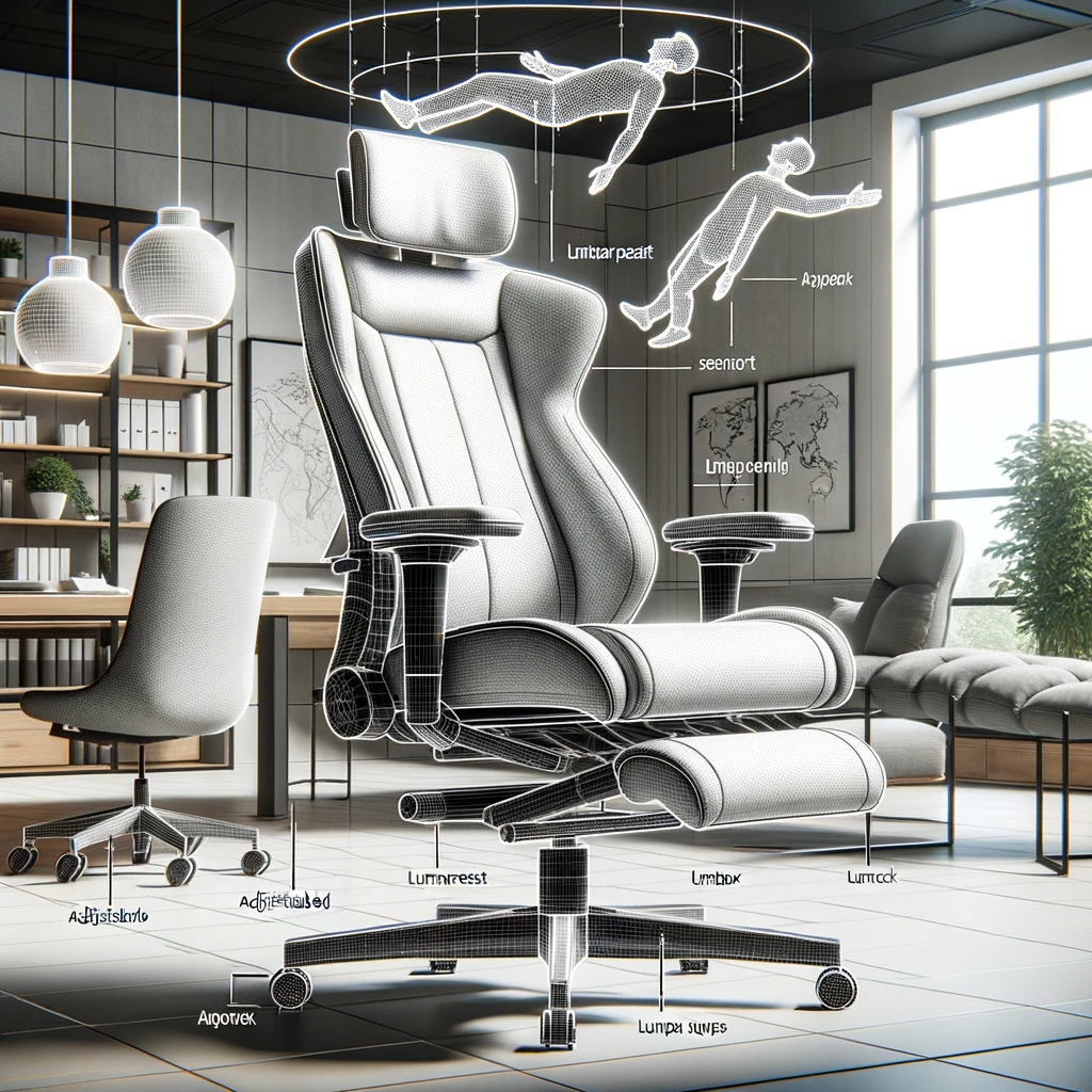  photo diagram of a zero gravity office chair in a modern office environment. annotations point to the chair's ergonomic design, adjustable armrests, l