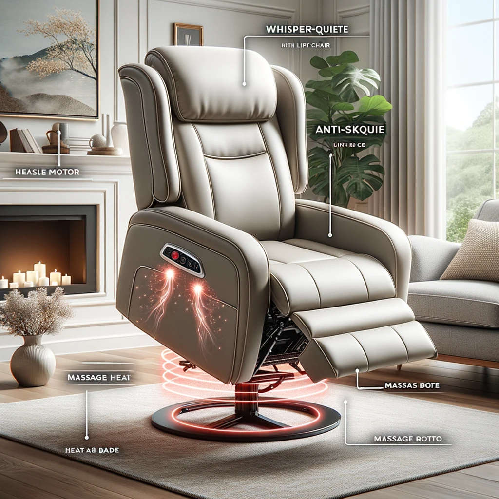 photo of an elegant zero gravity lift chair in a serene home setting. superimposed arrows and labels identify the chair's key features, including the