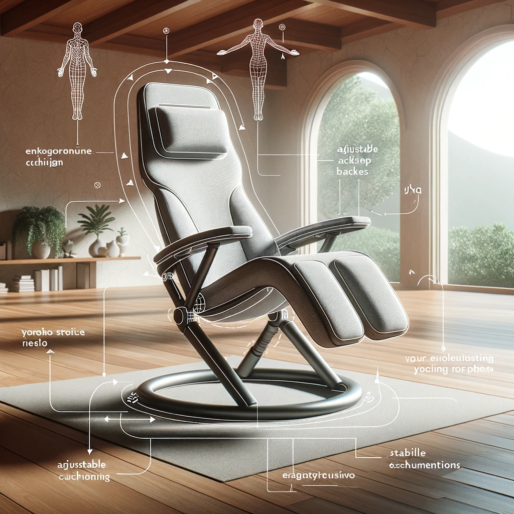 photo diagram of a zero gravity yoga chair set in a tranquil yoga studio. annotations point to the chair's ergonomic design, supportive cushioning, ad