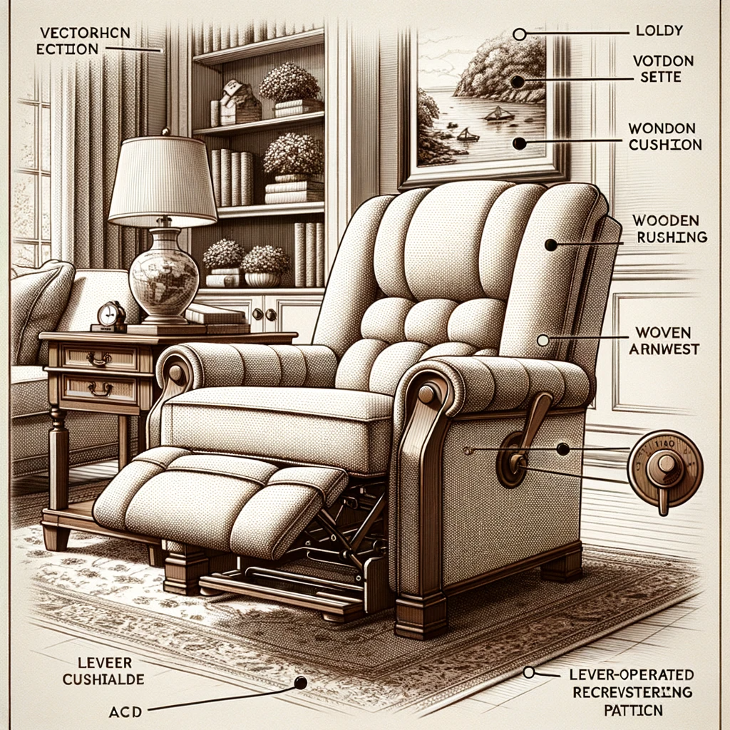  photo diagram of a classic recliner set in a vintage living room. annotations highlight the chair's plush cushioning, wooden armrests, lever operated