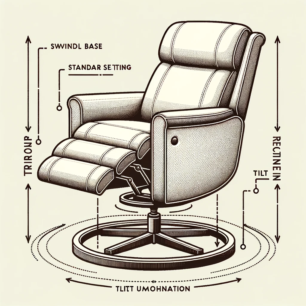  vector diagram of a swivel recliner, displayed in both a standard seating position and a reclined relaxation position. the diagram details the chair's