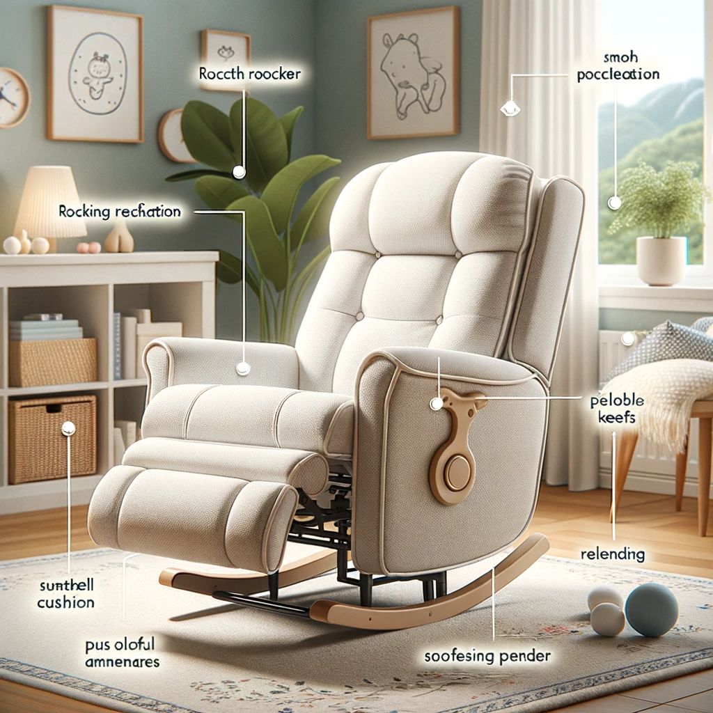  photo diagram of a rocker recliner in a cozy nursery room. annotations highlight the chair's smooth rocking mechanism, plush cushioning, reclining lev
